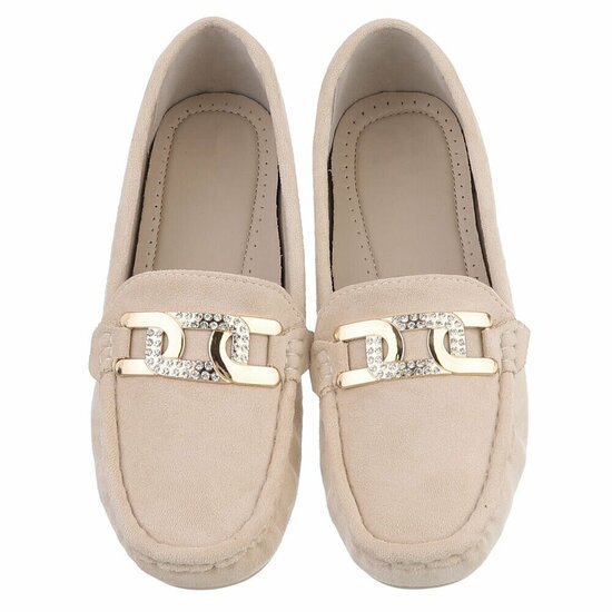 Elegante beige suède loafers Vima met gouden detail en strass