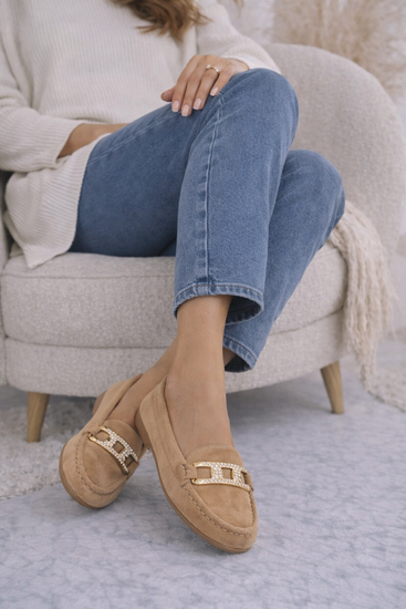 Elegante kaki suède loafers Vima met gouden detail en strass