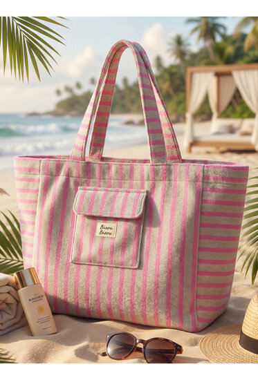 XL roze katoenen strandtas met strepen