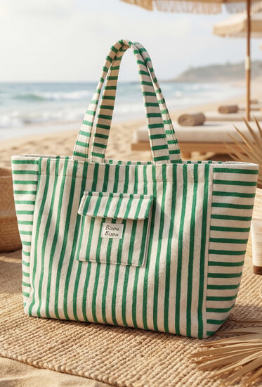 XL groene katoenen strandtas met strepen