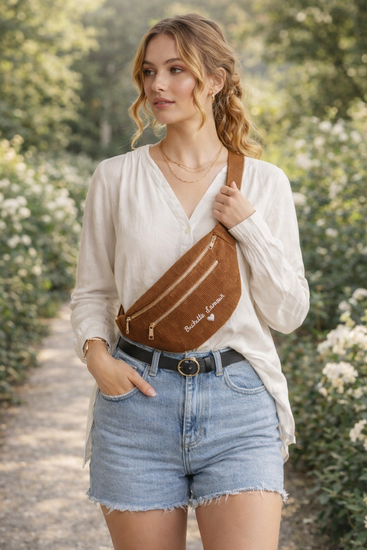 Bruine ribstof crossbody heuptas