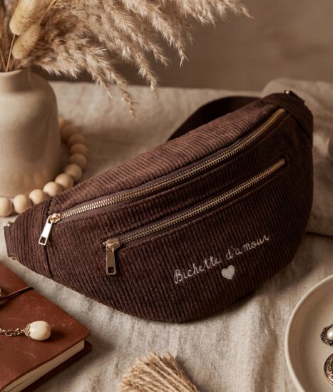 Donker bruine ribstof crossbody heuptas