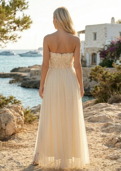 Beige shoulders off maxi jurk 