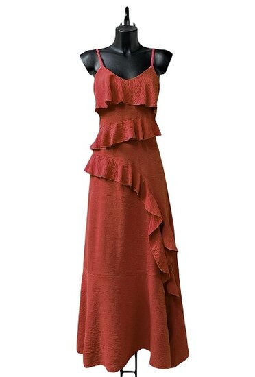 Trendy armloze terracotta maxi jurk 