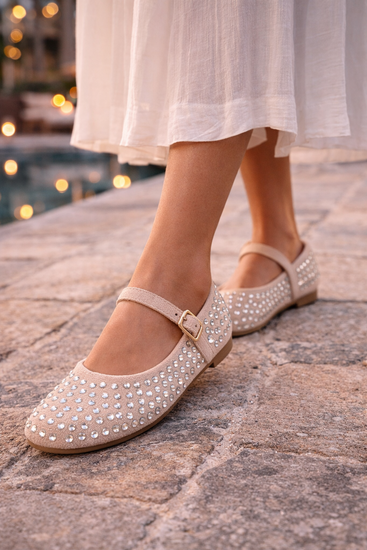 Beige ballerina’s  Cedy met strass steentjes en bandje