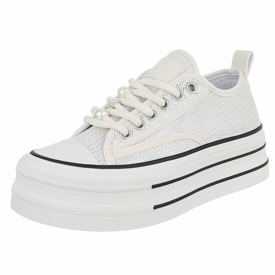 Beige platform sneakers Chanette met parel- en strass details