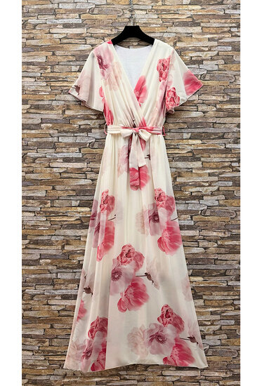 Elegante crème maxi jurk met roze bloemenprint en strikceintuur