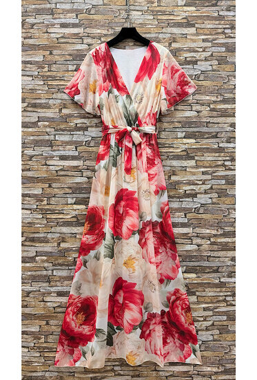 Elegante maxi jurk in beige-rode bloemenprint met strikceintuur