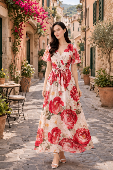 Elegante maxi jurk in beige-rode bloemenprint met strikceintuur