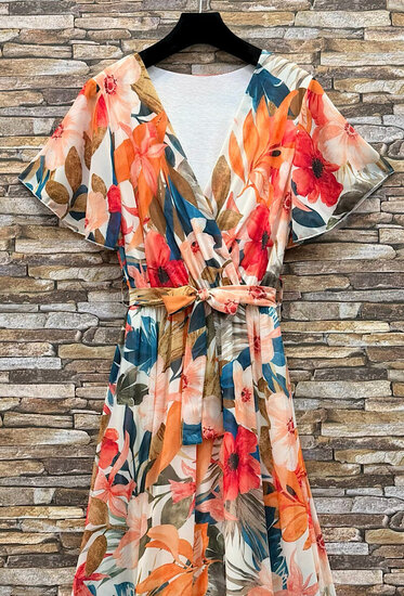 Elegante maxi jurk met kleurrijke bloemenprint en strikceintuur