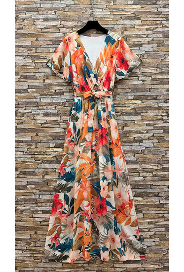 Elegante maxi jurk met kleurrijke bloemenprint en strikceintuur