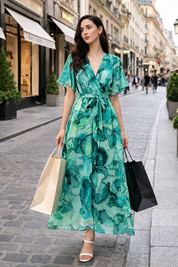 Elegante maxi jurk met turquoise bloemenprint en strikceintuur