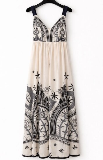 Elegante boho maxi jurk in crème met zwarte borduurdetails