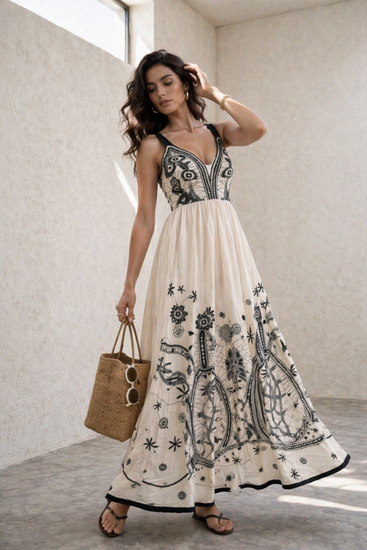 Elegante boho maxi jurk in crème met zwarte borduurdetails