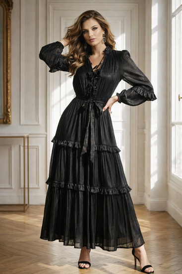 Elegante zwarte maxi jurk met subtiele glans en romantische details