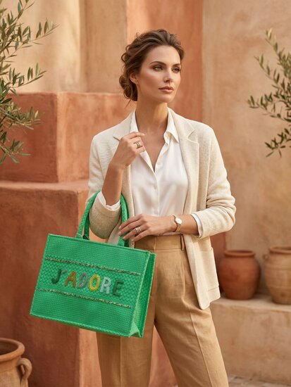 Sac cabas vert élégant avec lettres brodées en perles