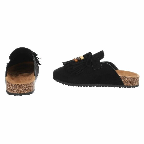 Zwarte mules Marilene met franjes en natuurlijke details