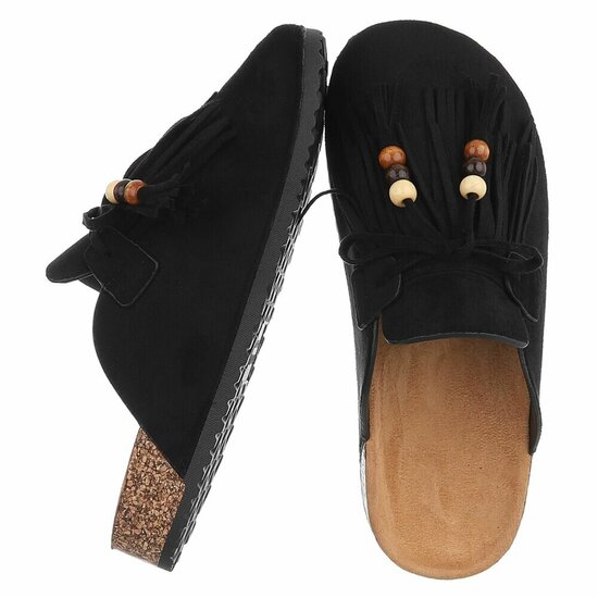Zwarte mules Marilene met franjes en natuurlijke details
