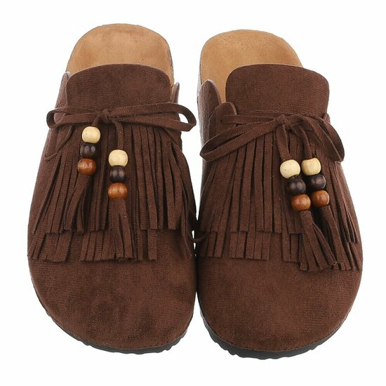 Bruine mules Marilene met franjes en natuurlijke details