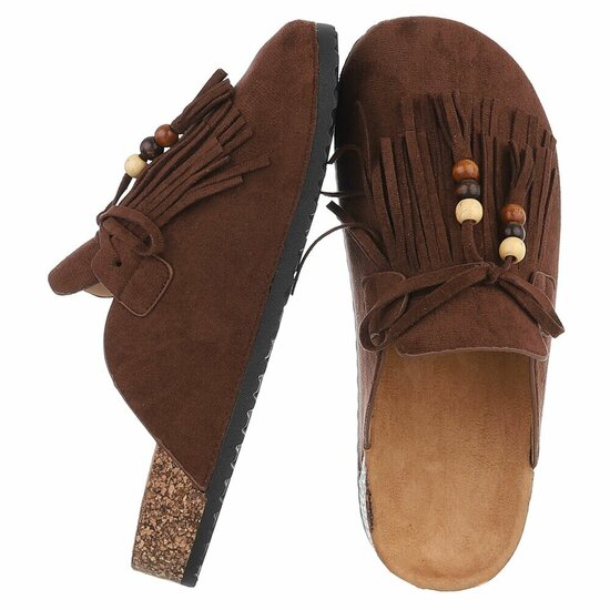 Bruine mules Marilene met franjes en natuurlijke details
