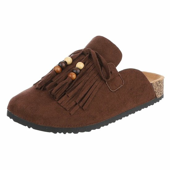 Bruine mules Marilene met franjes en natuurlijke details
