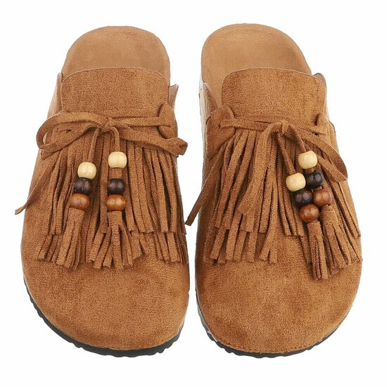Camel mules Marilene met franjes en natuurlijke details