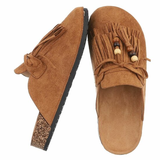 Camel mules Marilene met franjes en natuurlijke details