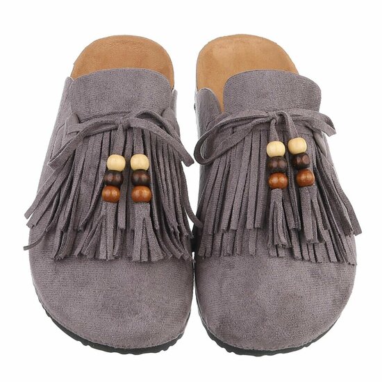 Grijze mules Marilene met franjes en natuurlijke details
