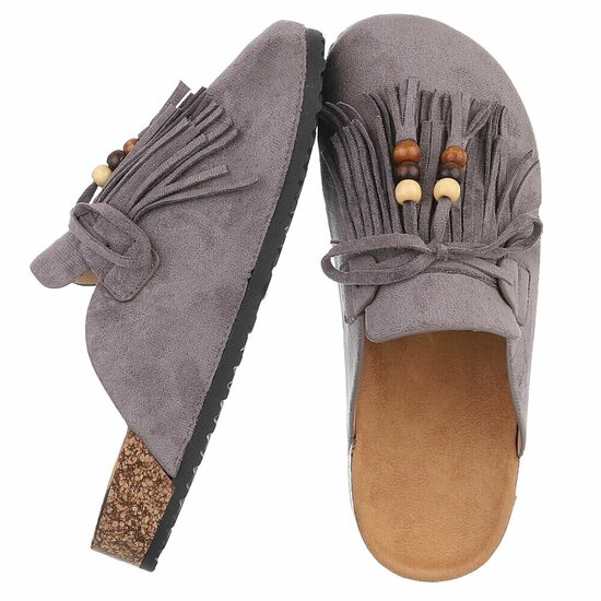 Grijze mules Marilene met franjes en natuurlijke details