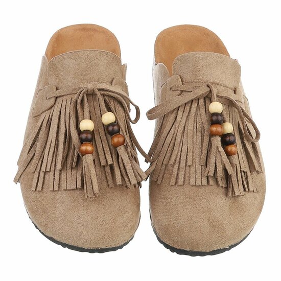 Kaki mules Marilene met franjes en natuurlijke details