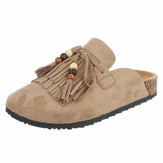 Kaki mules Marilene met franjes en natuurlijke details