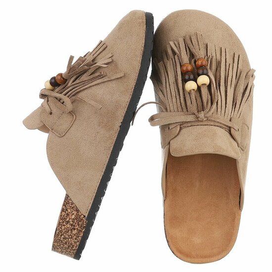 Kaki mules Marilene met franjes en natuurlijke details