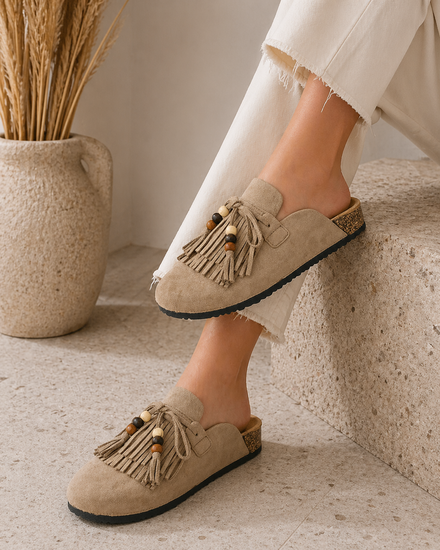 Kaki mules Marilene met franjes en natuurlijke details