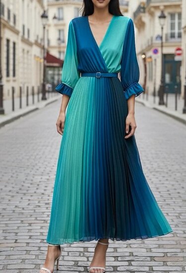 Sierlijke blauw-groen mix maxi plisse jurk.