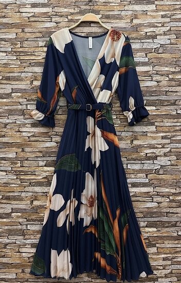 Sierlijke donker blauwe mix maxi plisse jurk.