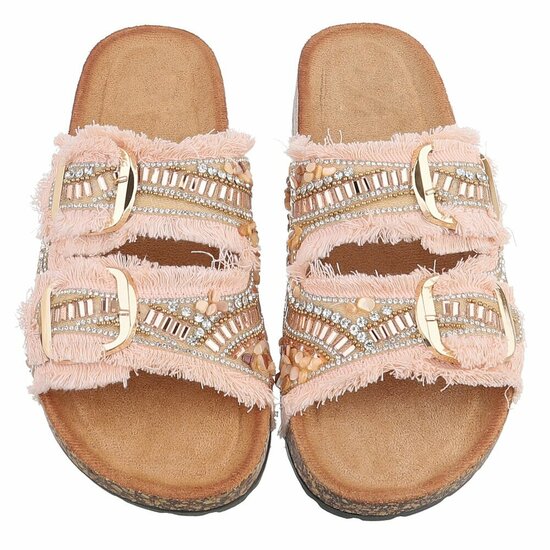 Roze boho sandalen Doran met franjes en pareldetails