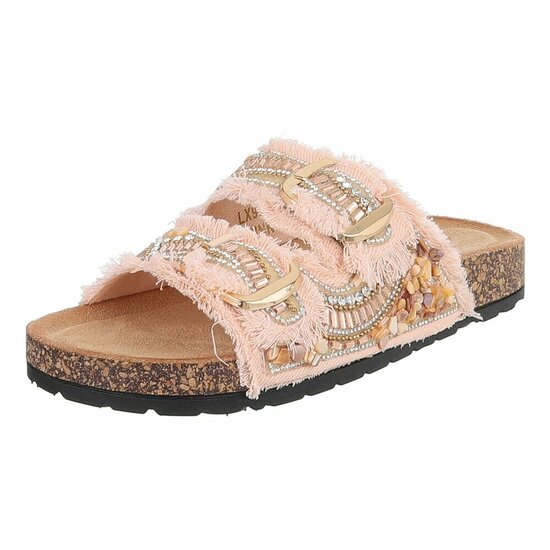 Roze boho sandalen Doran met franjes en pareldetails