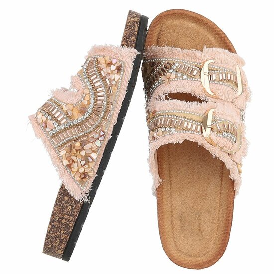 Roze boho sandalen Doran met franjes en pareldetails