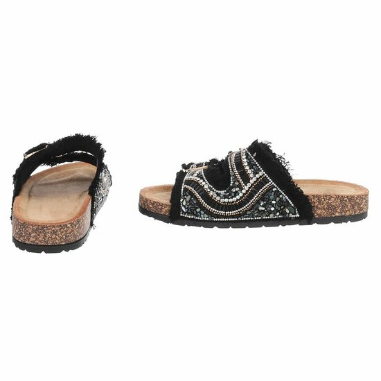 Zwarte boho sandalen Doran met franjes en pareldetails