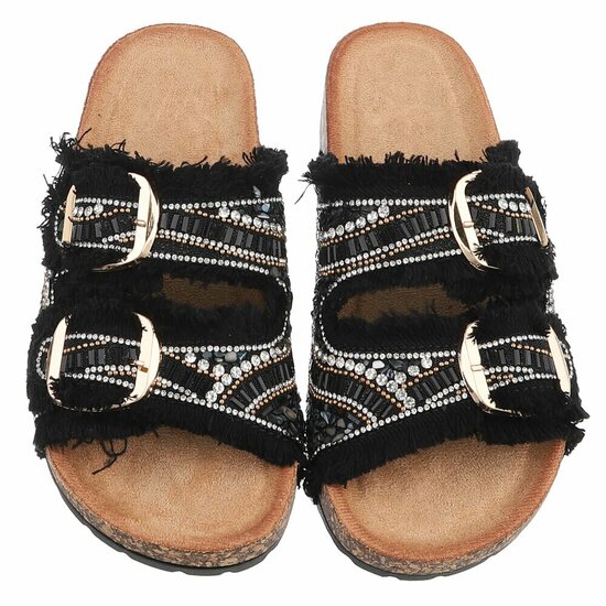 Zwarte boho sandalen Doran met franjes en pareldetails