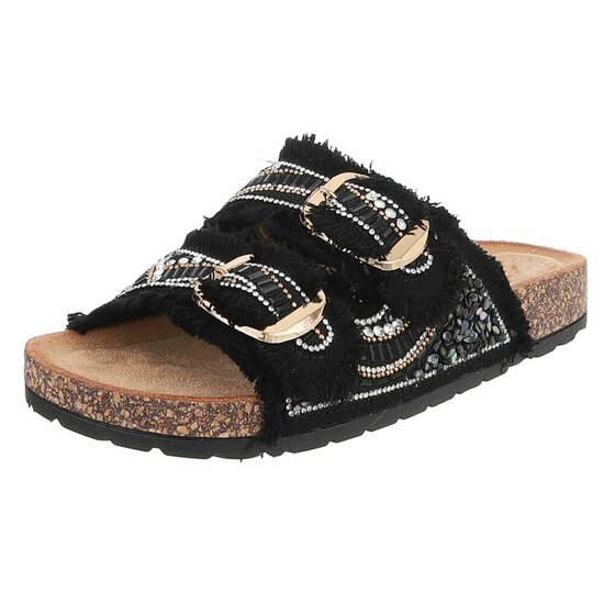 Zwarte boho sandalen Doran met franjes en pareldetails