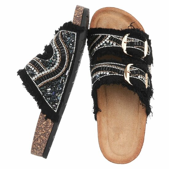 Zwarte boho sandalen Doran met franjes en pareldetails