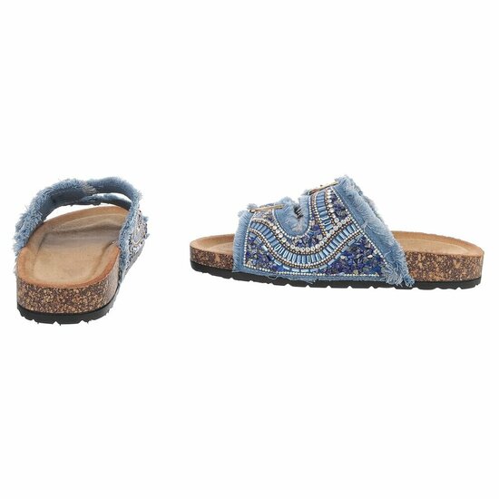 Blauwe boho sandalen Doran met franjes en pareldetails