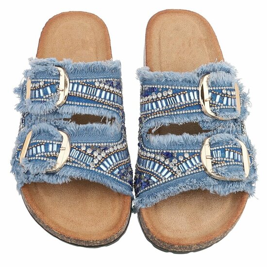 Blauwe boho sandalen Doran met franjes en pareldetails