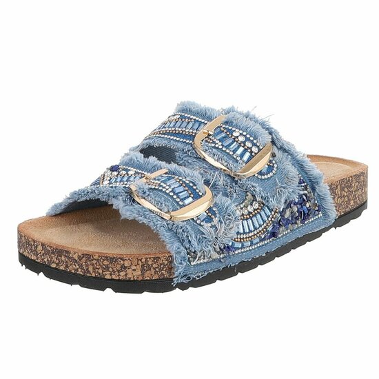 Blauwe boho sandalen Doran met franjes en pareldetails