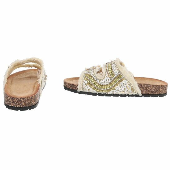 Gouden boho sandalen Doran met franjes en pareldetails