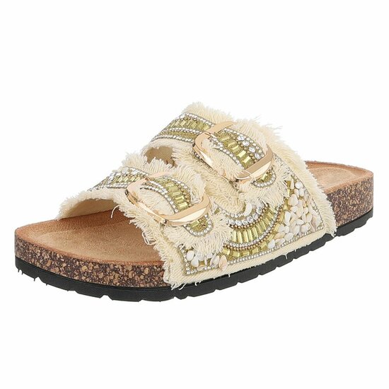 Gouden boho sandalen Doran met franjes en pareldetails