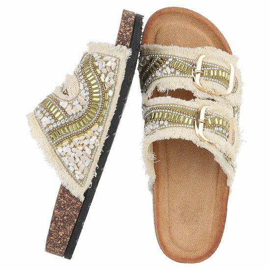 Gouden boho sandalen Doran met franjes en pareldetails