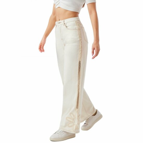Luxe beige wide leg jeans met verfijnd kantdetail