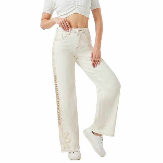 Luxe beige wide leg jeans met verfijnd kantdetail